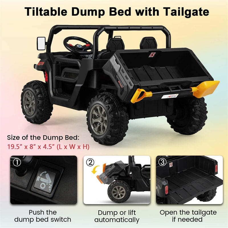 24V 2-Seater Ride-On Dump Truck, Kids Electric UTV with Dump Bed, Shovel, Remote Control & Dual Motors, Battery Powered Ride-On Car for Child