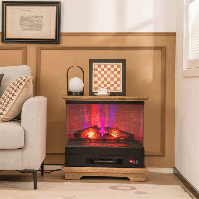 27" Electric Fireplace with Mantel, 1400W Freestanding Heater, 3-Sided Glass View, 7 Flame Colors, Remote Control, 6H Timer, Overheat Protection