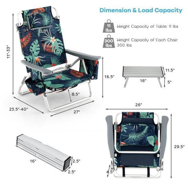 3PCS Folding Backpack Beach Chairs with Side Table, Cooler Bag, Cup Holder, 5-Position Reclining Beach Chairs for Camping Sunbathing