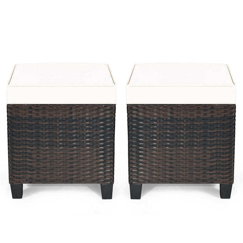 2 Pieces Rattan Patio Ottomans All Weather Outdoor Wicker Ottomans Footstools Footrests with Removable Cushions