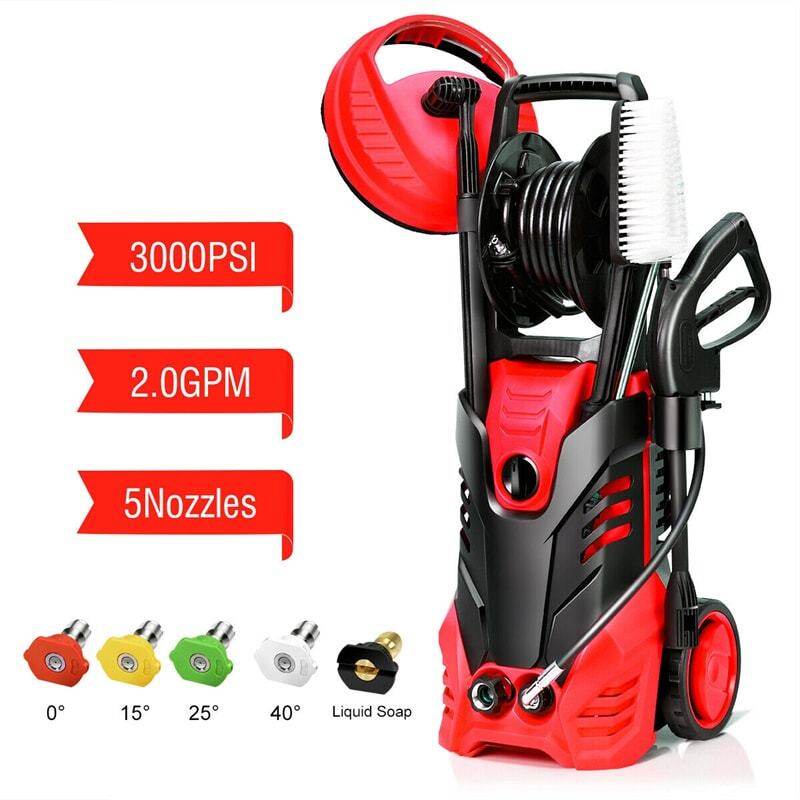 3000PSI Electric High Pressure Washer, 2000W 2 GPM Portable Power Washer Home Patio Deck Cleaner with 5 Nozzles & 2 Wheels