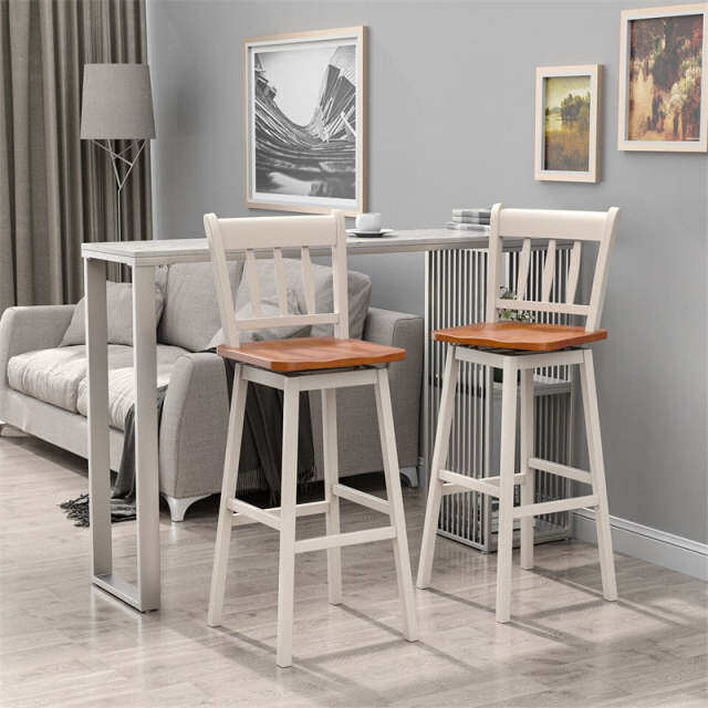 30.5" Swivel Bar Stools Set of 2 Solid Rubber Wood Bar Height Chairs with Footrests for Kitchen Dining Counters Pub