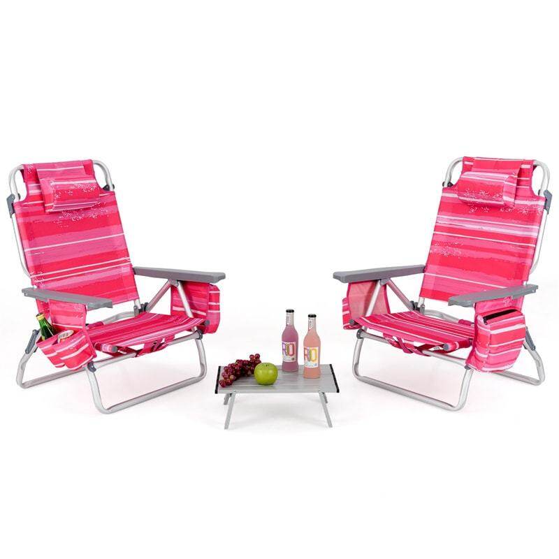 3PCS Folding Backpack Beach Chairs with Side Table, Cooler Bag, Cup Holder, 5-Position Reclining Beach Chairs for Camping Sunbathing