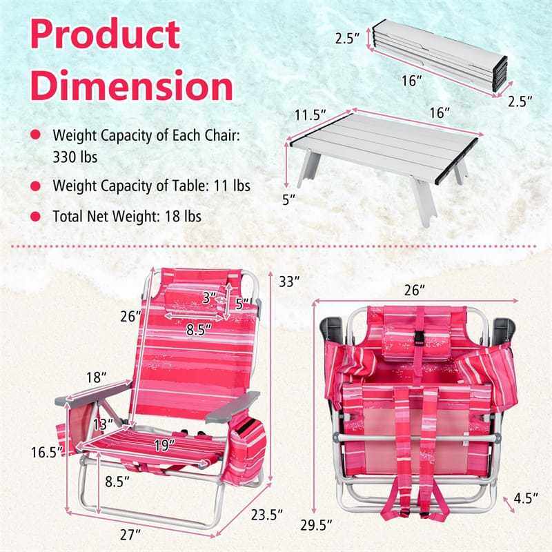 3PCS Folding Backpack Beach Chairs with Side Table, Cooler Bag, Cup Holder, 5-Position Reclining Beach Chairs for Camping Sunbathing