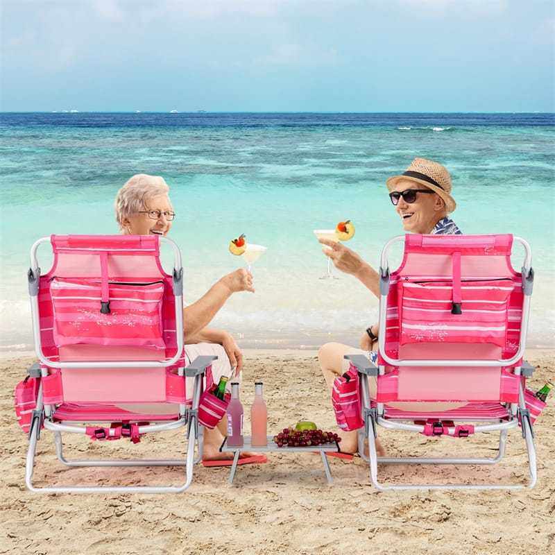 3PCS Folding Backpack Beach Chairs with Side Table, Cooler Bag, Cup Holder, 5-Position Reclining Beach Chairs for Camping Sunbathing