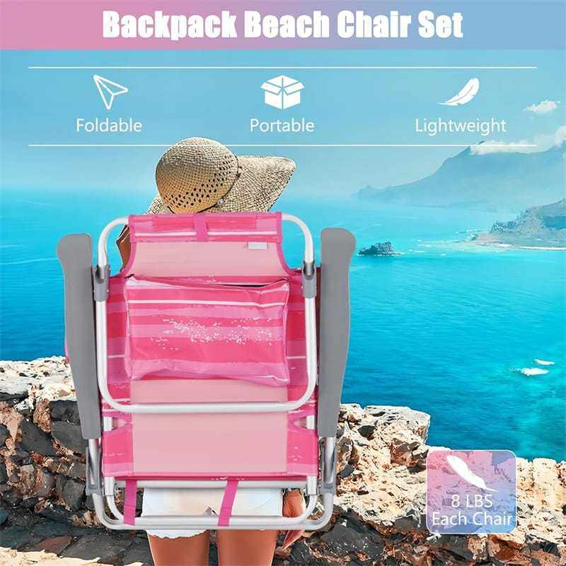 3PCS Folding Backpack Beach Chairs with Side Table, Cooler Bag, Cup Holder, 5-Position Reclining Beach Chairs for Camping Sunbathing