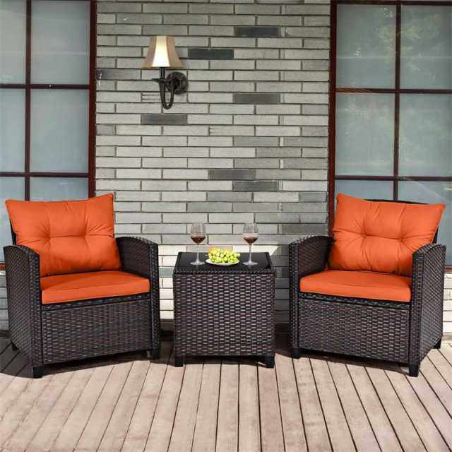 3PCS Rattan Patio Furniture Set with Washable Cushions & Tempered Glass Coffee Table, Outdoor Wicker Conversation Set for Garden, Balcony