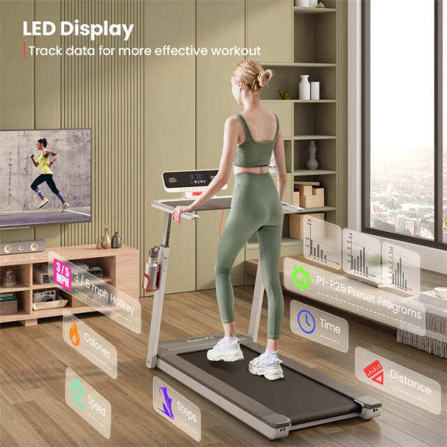 3HP Folding Treadmill w/Desk, Adjustable Height, APP Control, LED Display & 25 Preset Programs, Compact Walking Running Machine for Home Office