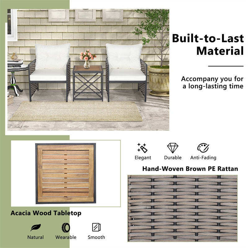 3 Piece Patio Rattan Furniture Set with 2 Cushioned Chairs, Acacia Wood Coffee Table, Heavy-Duty Metal Frame Outdoor Wicker Conversation Set