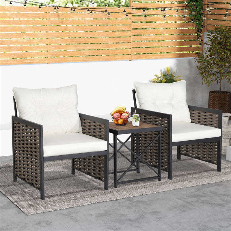 3 Piece Patio Rattan Furniture Set with 2 Cushioned Chairs, Acacia Wood Coffee Table, Heavy-Duty Metal Frame Outdoor Wicker Conversation Set