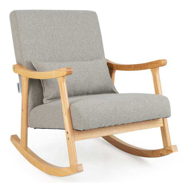 Upholstered Rocking Chair with Rubber Wood Frame, Lumbar Pillow, Padded Seat & Backrest, Modern Rocker for Living Room, Bedroom, Nursery, Office