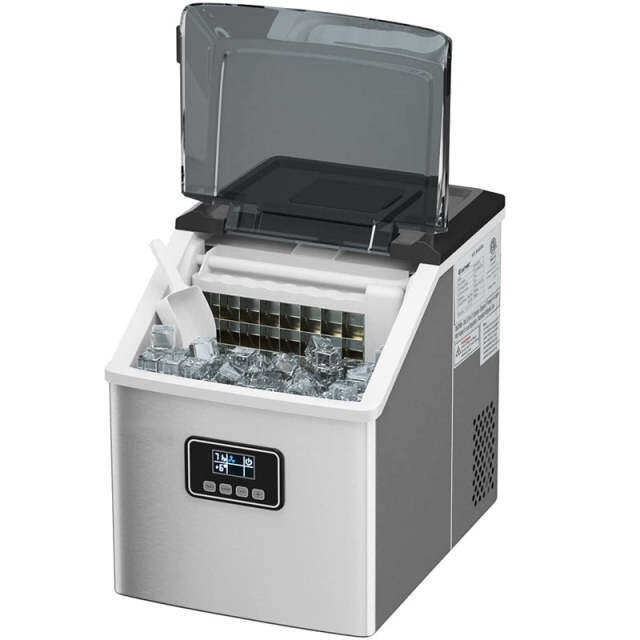 48LBS/24H Countertop Ice Maker, Portable Stainless Steel Ice Machine with Self-Cleaning, Timer Function, LCD Display, Ice Scoop Basket for Home Office