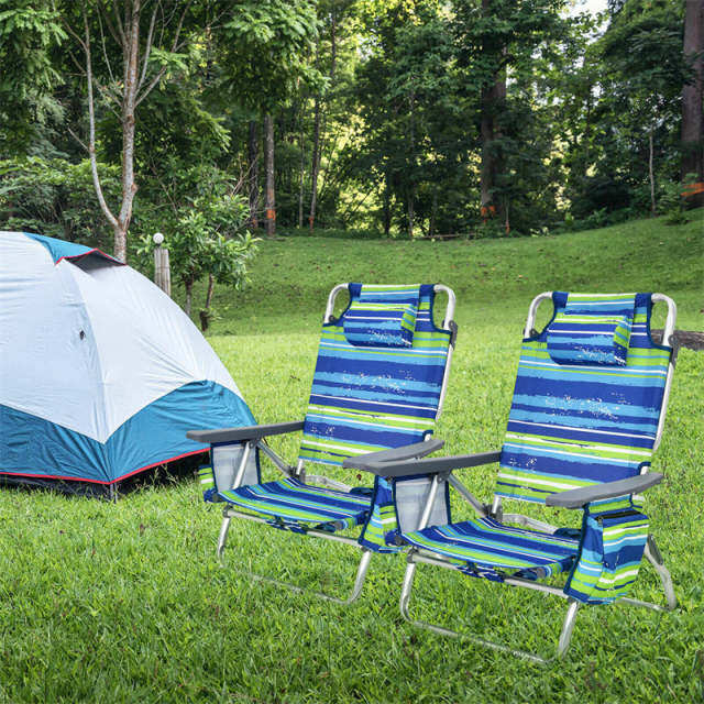 4 Pack Folding Backpack Beach Chairs, 5-Position Adjustable Sling Camping Chairs Reclining Beach Chairs with Head Pillows, Ice Pack, Cup Holder