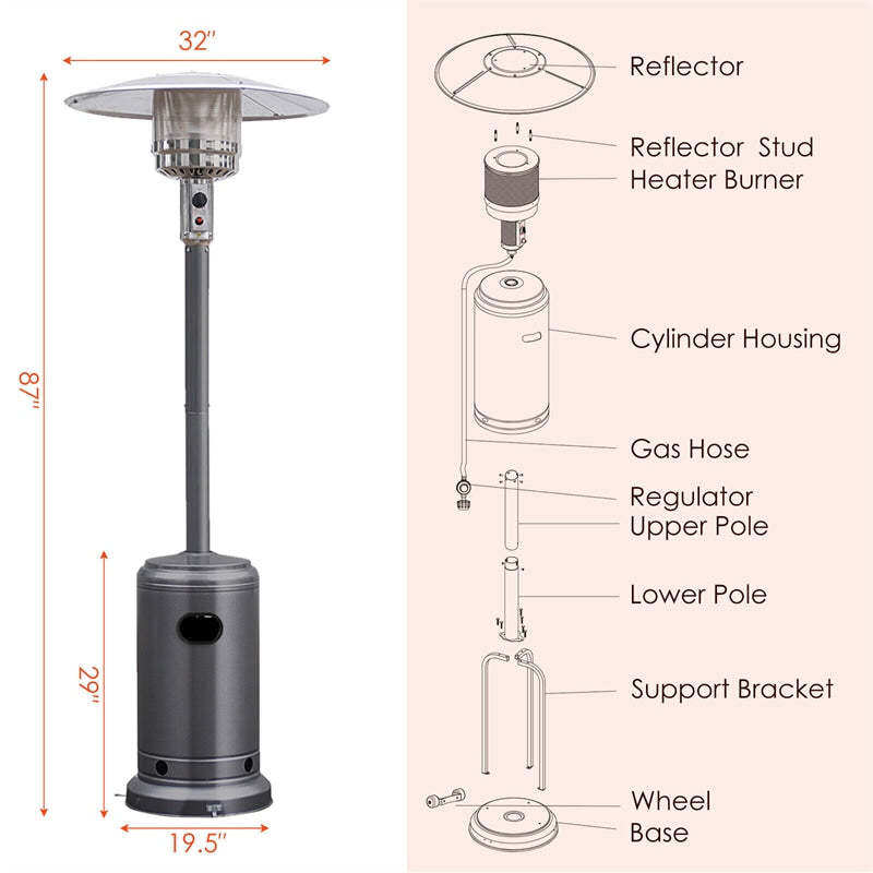 50,000 BTU Propane Patio Heater, Standing Outdoor LP Gas Heater with Wheels, Stainless Steel Burner & Tip-Over Protection for Garden Backyard