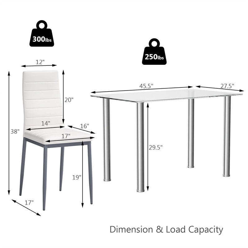 5 Piece Modern Dining Room Set with Tempered Glass Top Dining Table & 4 Leather Chairs, Kitchen Table and Chairs Set for 4