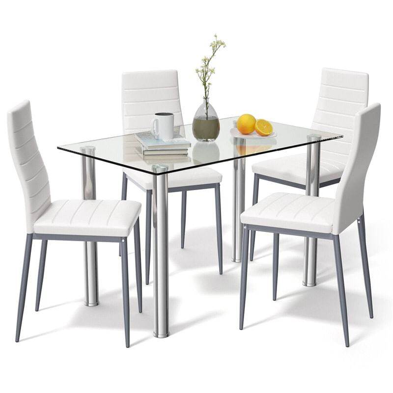 5 Piece Modern Dining Room Set with Tempered Glass Top Dining Table & 4 Leather Chairs, Kitchen Table and Chairs Set for 4