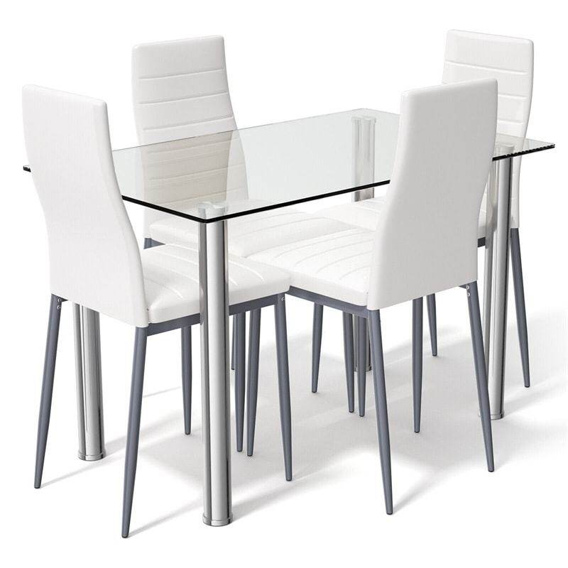 5 Piece Modern Dining Room Set with Tempered Glass Top Dining Table & 4 Leather Chairs, Kitchen Table and Chairs Set for 4