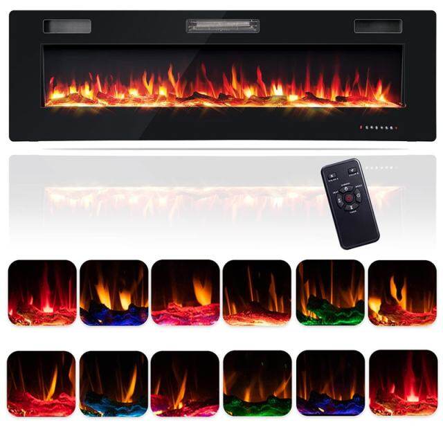 60" Ultra-Thin Electric Fireplace, Recessed & Wall Mounted Fireplace Heater with Log, Crystal Decoration, Remote Control, 8H Timer, Adjustable Flame