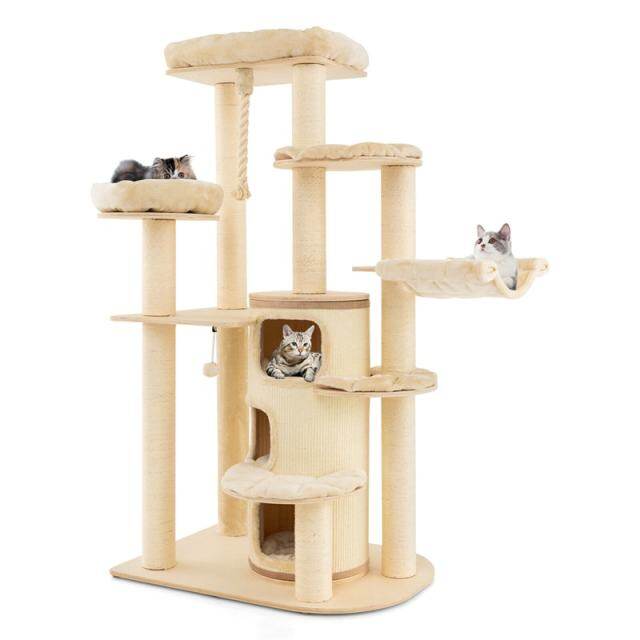 67" Tall Cat Tree, Modern Multi-Level Cat Tower with 3-Story Condo, 2 Perch, Hammock, Sisal Posts & Hanging Play Rope for Large Indoor Cats 20 lbs