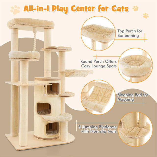 67" Tall Cat Tree, Modern Multi-Level Cat Tower with 3-Story Condo, 2 Perch, Hammock, Sisal Posts & Hanging Play Rope for Large Indoor Cats 20 lbs