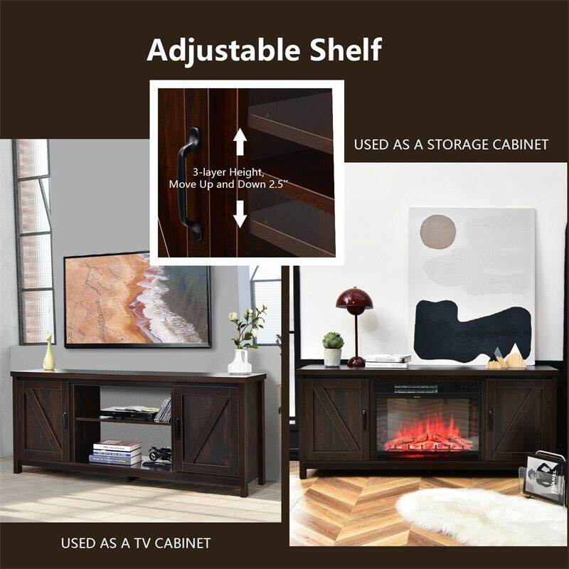 59" Fireplace TV Stand for TVs Up to 65", Farmhouse Wooden Media Console Table with Barn Doors, Storage Cabinet, Adjustable Shelves