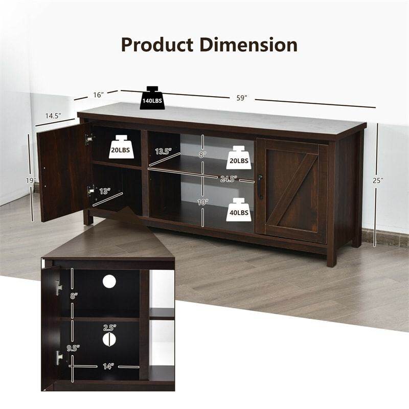 59" Fireplace TV Stand for TVs Up to 65", Farmhouse Wooden Media Console Table with Barn Doors, Storage Cabinet, Adjustable Shelves