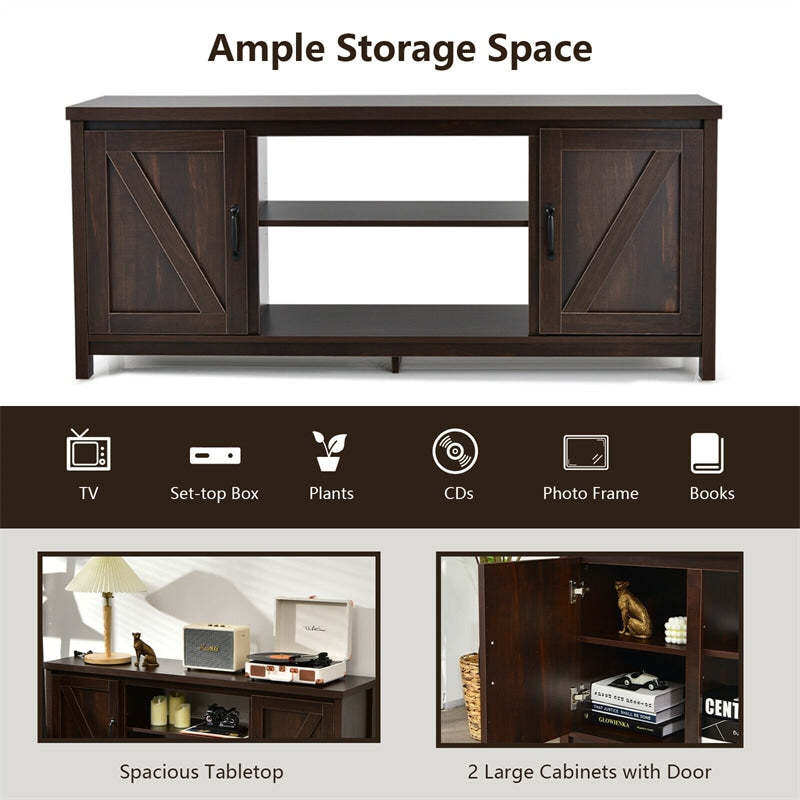 59" Fireplace TV Stand for TVs Up to 65", Farmhouse Wooden Media Console Table with Barn Doors, Storage Cabinet, Adjustable Shelves