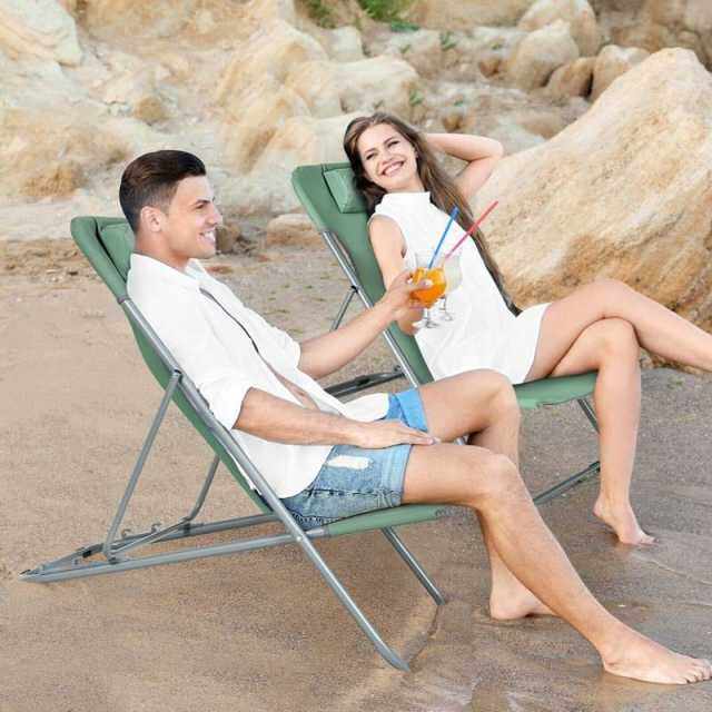 2-Pack Beach Chairs, Folding Lounge Chairs with Adjustable Backrests & Headrests, Portable Lightweight Chairs for Camping, Deck, Sunbathing