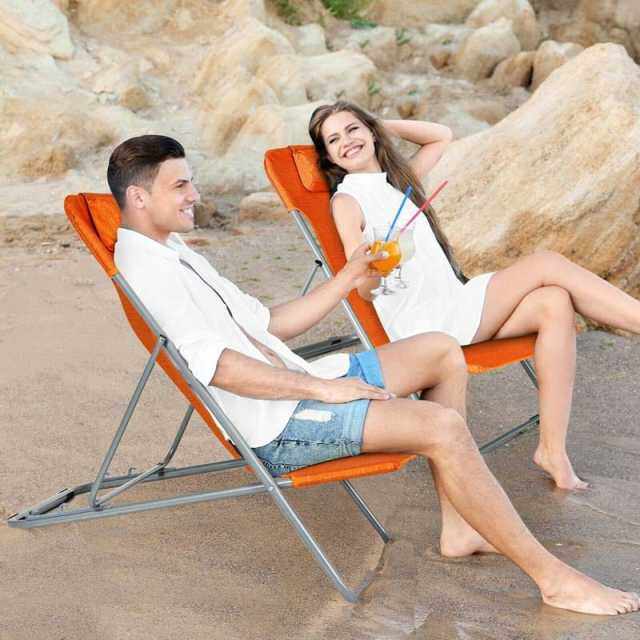 2-Pack Beach Chairs, Folding Lounge Chairs with Adjustable Backrests & Headrests, Portable Lightweight Chairs for Camping, Deck, Sunbathing