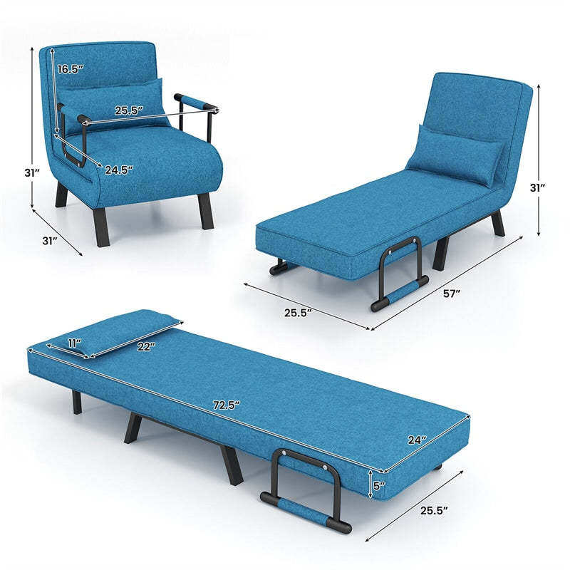 Convertible Sleeper Chair, 4-in-1 Folding Sofa Bed 6-Position Adjustable Backrest w/ Pillow, Reclining Chaise Sleeper Sofa for Living Room