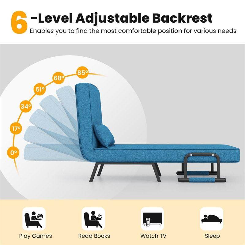 Convertible Sleeper Chair, 4-in-1 Folding Sofa Bed 6-Position Adjustable Backrest w/ Pillow, Reclining Chaise Sleeper Sofa for Living Room