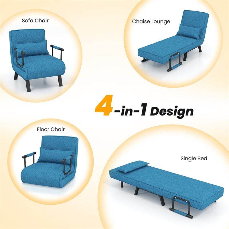 Convertible Sleeper Chair, 4-in-1 Folding Sofa Bed 6-Position Adjustable Backrest w/ Pillow, Reclining Chaise Sleeper Sofa for Living Room