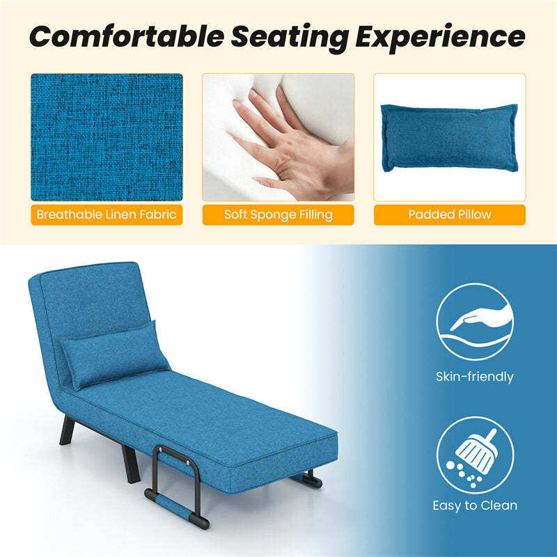 Convertible Sleeper Chair, 4-in-1 Folding Sofa Bed 6-Position Adjustable Backrest w/ Pillow, Reclining Chaise Sleeper Sofa for Living Room