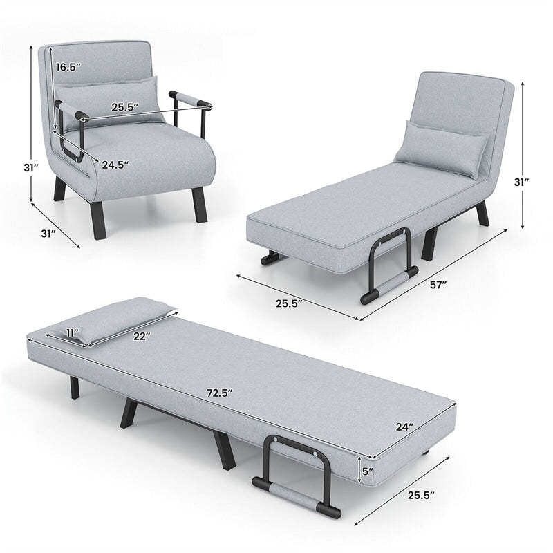 Convertible Sleeper Chair, 4-in-1 Folding Sofa Bed 6-Position Adjustable Backrest w/ Pillow, Reclining Chaise Sleeper Sofa for Living Room