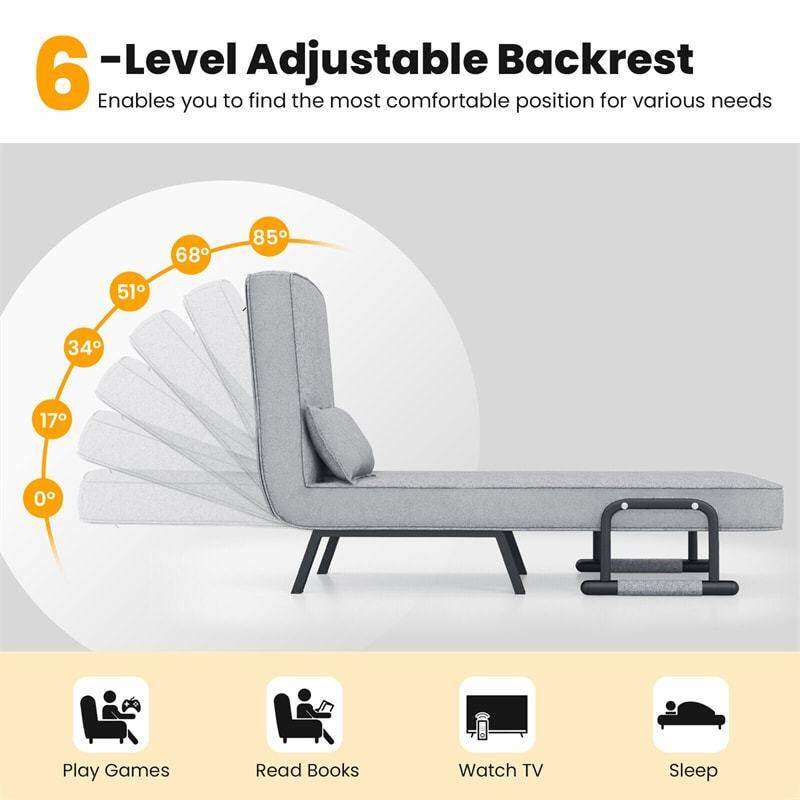 Convertible Sleeper Chair, 4-in-1 Folding Sofa Bed 6-Position Adjustable Backrest w/ Pillow, Reclining Chaise Sleeper Sofa for Living Room