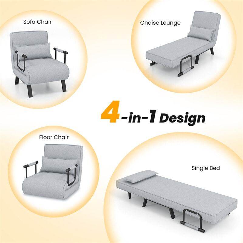 Convertible Sleeper Chair, 4-in-1 Folding Sofa Bed 6-Position Adjustable Backrest w/ Pillow, Reclining Chaise Sleeper Sofa for Living Room