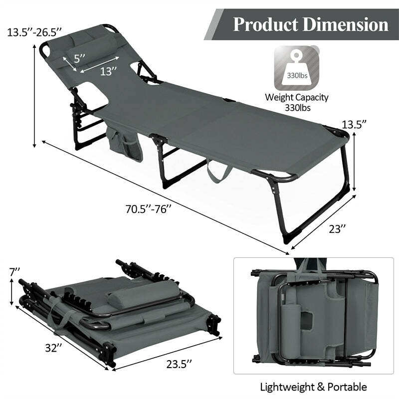 Folding Beach Lounge Chair 5-Position Adjustable Outdoor Tanning Chair with Pillow