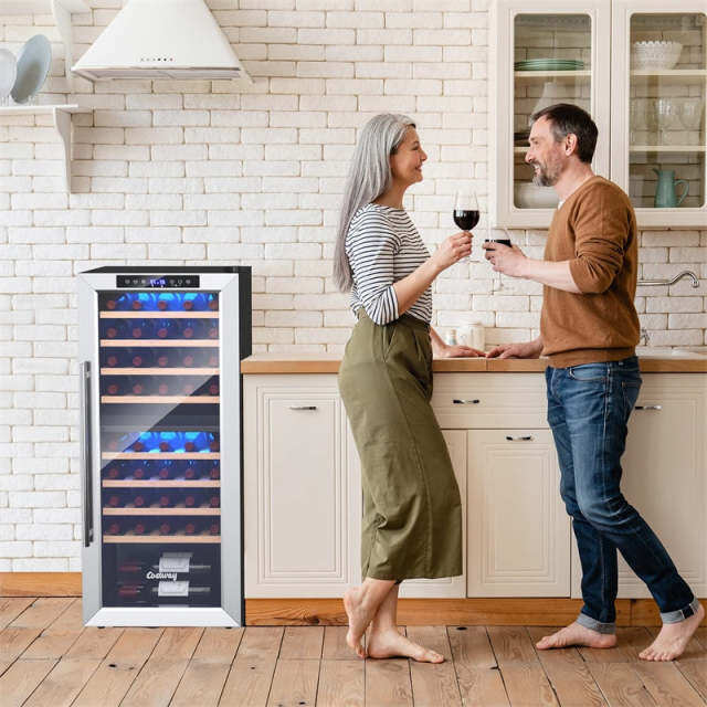 20" Dual Zone Wine Cooler Refrigerator, 43-Bottle Freestanding Built-in Wine Fridge with Temperature Control, Wood Shelves, Glass Door for Home Bars