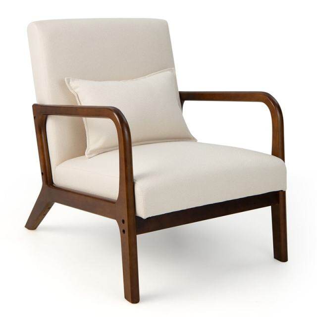 Modern Accent Chair, Upholstered Leisure Armchair with Lumbar Pillow, Rubber Wood Frame, Soft Padded Cushion for Living Room, Bedroom, Office