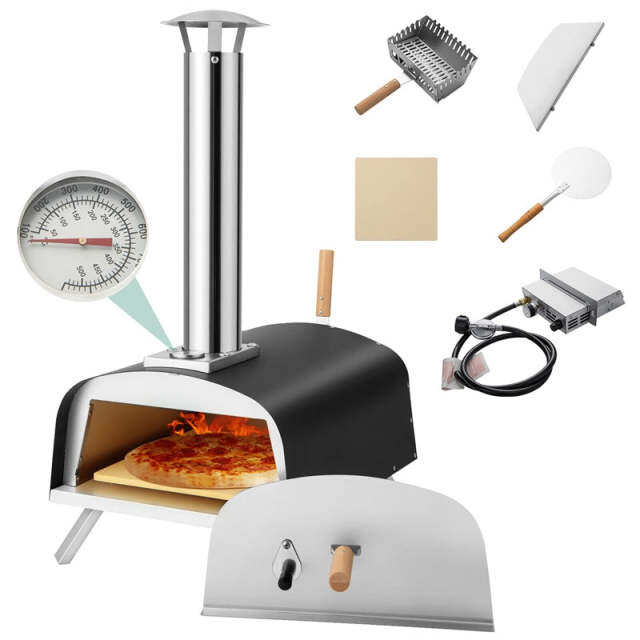 Multi-Fuel Outdoor Pizza Oven, Portable Propane & Wood Fired Pizza Maker with 13" Pizza Stone & Built-In Thermometer for Backyard, Camping Parties