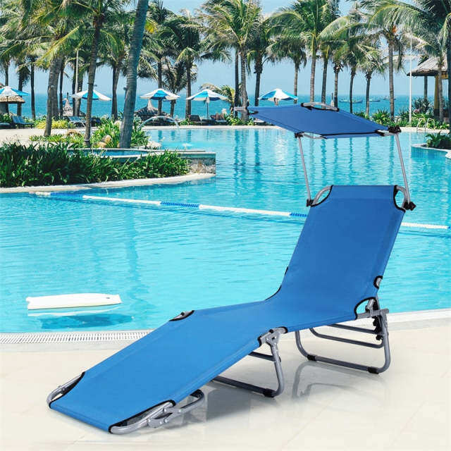 Folding Beach Lounge Chair, Outdoor Sun Lounger with Canopy, Adjustable Backrest & Side Pocket, Portable Tanning Chair with for Patio, Poolside