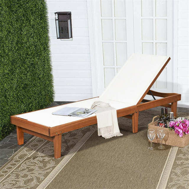 Outdoor Eucalyptus Wood Chaise Lounge with 5-Position Adjustable Backrest & Quick-Dry Fabric, Reclining Patio Lounge Chair for Poolside, Backyard