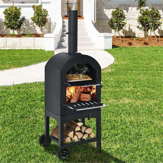 Outdoor Pizza Oven 2-Layer Wood Fired Pizza Oven with Wheels, Built-in Thermometer, Pizza Stone, Waterproof Cover, Portable Pizza Maker for BBQ Picnic