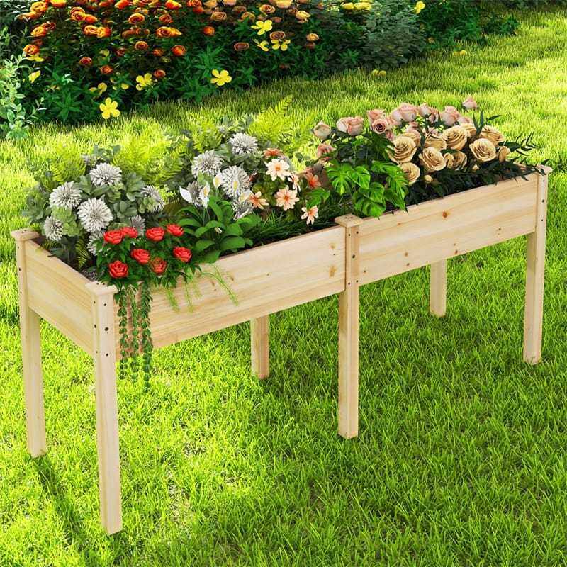 Wood Raised Garden Bed with Legs, Divider Panel & Drainage Holes, 73"x23"x30" Elevated Planter Box for Vegetables, Fruits, Flowers, Herbs