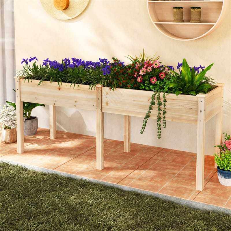 Wood Raised Garden Bed with Legs, Divider Panel & Drainage Holes, 73"x23"x30" Elevated Planter Box for Vegetables, Fruits, Flowers, Herbs