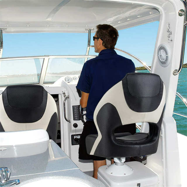 2 Pack Sports Flip-up Boat Seats, High Back Captain Bucket Seats with Thick Bolster, Waterproof PVC Leather Upholstery, Curve Armrest for Fishing Boat