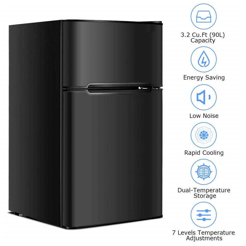 3.2 Cu. Ft. 2-Door Mini Fridge with Freezer, Compact Refrigerator with Temperature Control, Removable Shelves & Reversible Door for Dorm Office