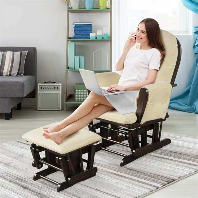 Wood Nursery Glider Chair & Ottoman Set, Upholstered Glider Rocker with Padded Cushion, Storage Pocket, Modern Rocking Chair for Nursery