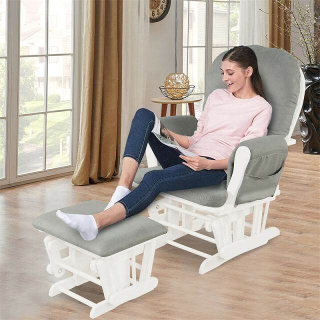 Wood Nursery Glider Chair & Ottoman Set, Upholstered Glider Rocker with Padded Cushion, Storage Pocket, Modern Rocking Chair for Nursery