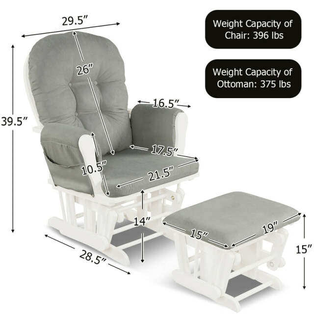 Wood Nursery Glider Chair & Ottoman Set, Upholstered Glider Rocker with Padded Cushion, Storage Pocket, Modern Rocking Chair for Nursery